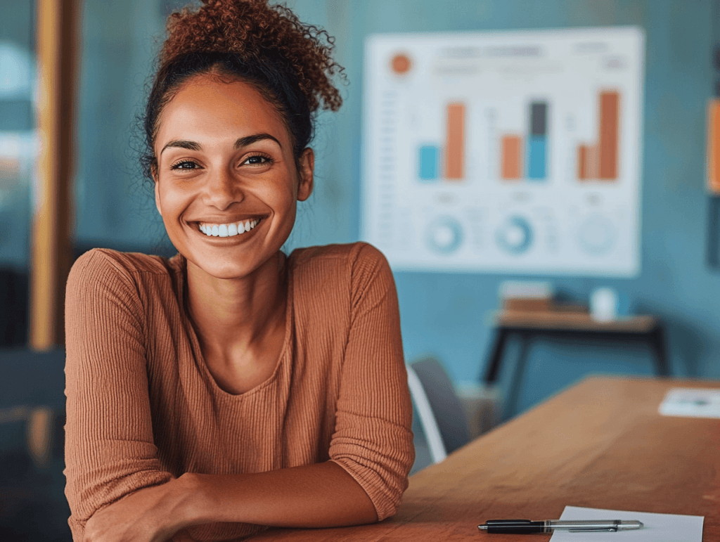 Uma pessoa sorridente e confiante em uma reunião de negociação, com um gráfico de salário e benefícios em segundo plano, representando a busca por uma remuneração justa e equilibrada.