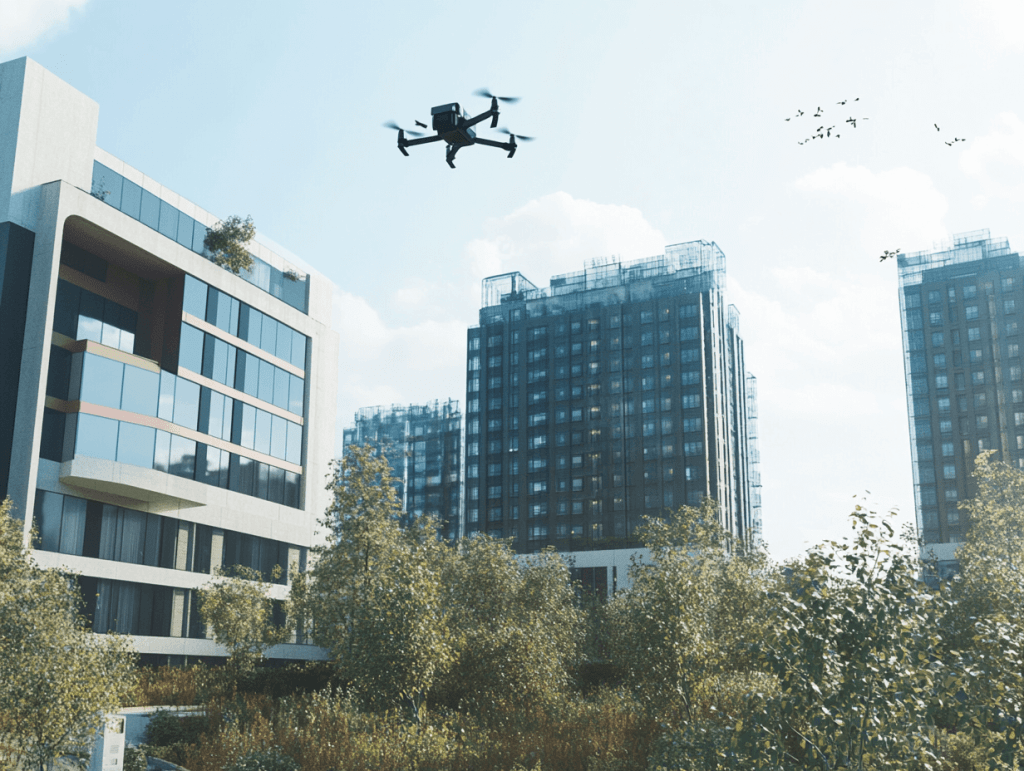 Um drone entregando um pequeno pacote em um prédio moderno em uma área urbana. Céu azul, edifícios altos ao fundo, imagem nítida e profissional.