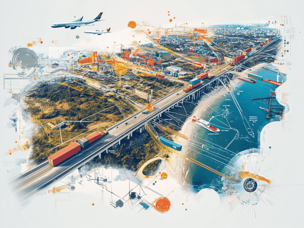 Um mapa com várias rotas de transporte interconectadas, destacando diferentes modais (rodoviário, ferroviário, marítimo e aéreo) e pontos estratégicos de distribuição. Cores vibrantes e um design moderno são desejáveis.