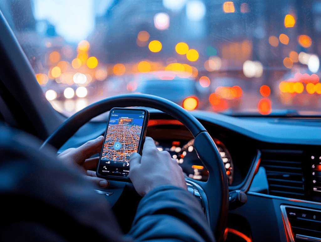 Uma imagem vibrante e moderna de um carro em movimento em uma cidade, com um celular mostrando um aplicativo de transporte no banco do passageiro. O motorista deve parecer confiante e profissional.