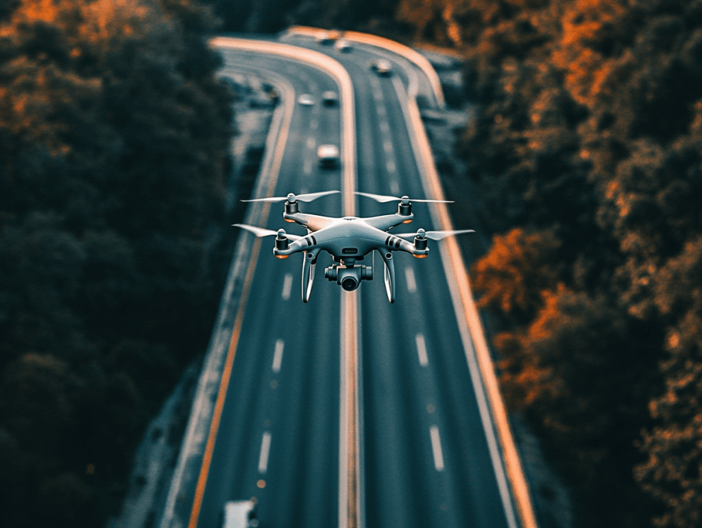 Uma imagem de um drone voando sobre uma rodovia ou ferrovia, com uma câmera acoplada, mostrando imagens nítidas da estrutura da via. Deve-se ver claramente a infraestrutura em detalhes e o drone em ação.