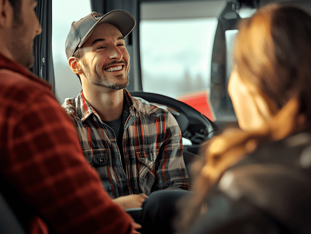 Uma imagem mostrando um grupo de motoristas sorrindo e interagindo em um ambiente positivo e acolhedor, como um evento de confraternização ou em uma área de descanso moderna para motoristas.