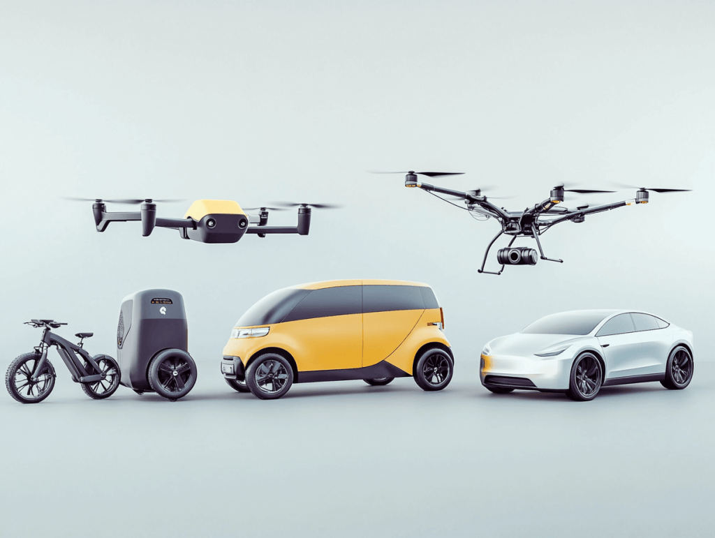 Uma imagem mostrando vários métodos de entrega sustentáveis lado a lado: uma bicicleta de carga, um carro elétrico de entregas, um drone entregando um pacote, e um ponto de coleta compartilhado.