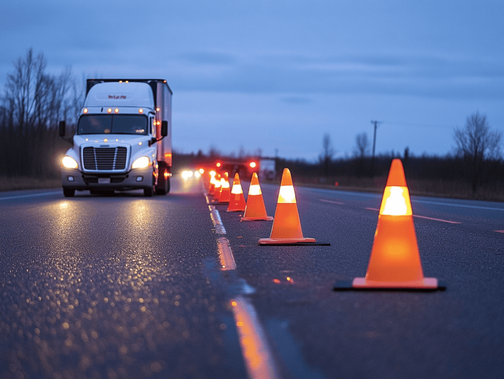  Imagem mostrando um caminhão parado na estrada com os equipamentos de segurança visíveis: cones laranja, triângulos de sinalização, e um motorista usando o cinto de segurança. O cenário deve ser uma rodovia com boa visibilidade.